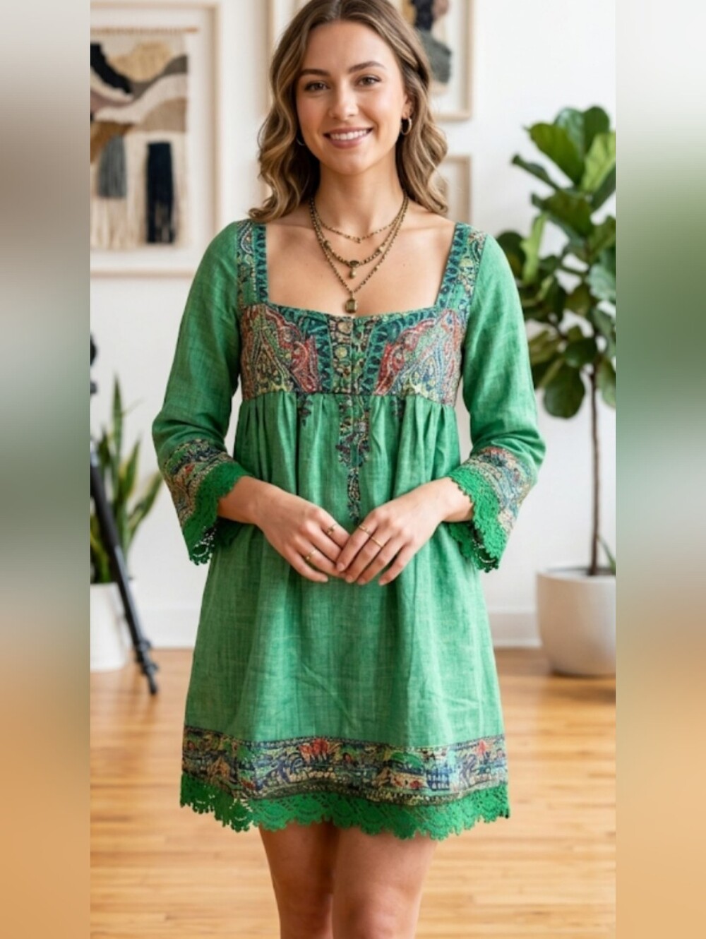 Green Bohemian Square-Neck Tunic Top #90
